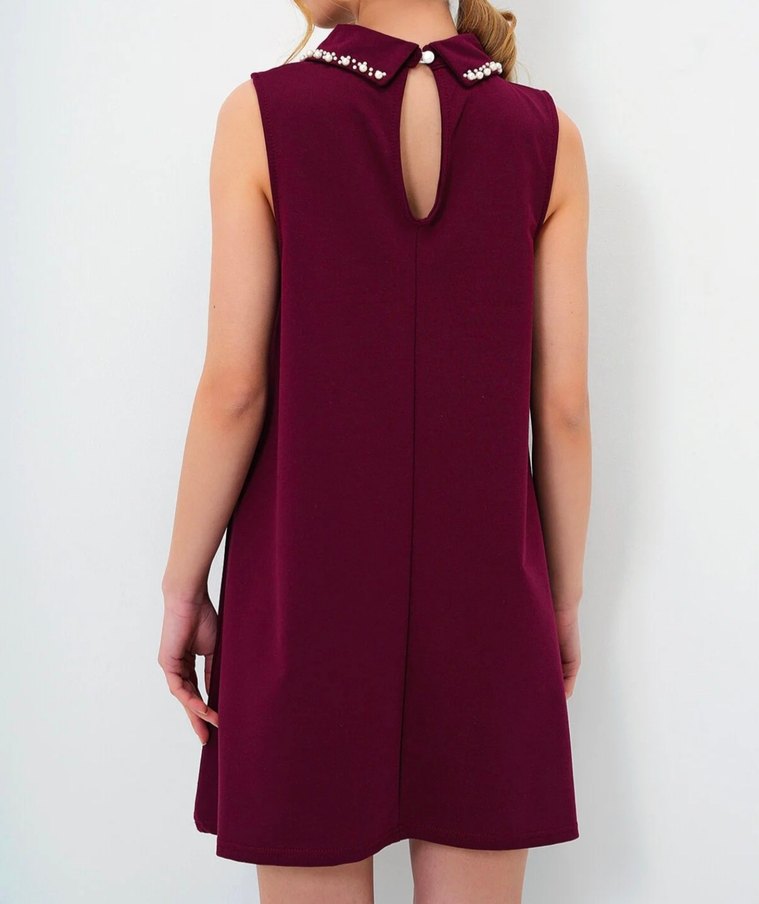 Taş Detaylı Bordo Midi Elbise - Görsel 5