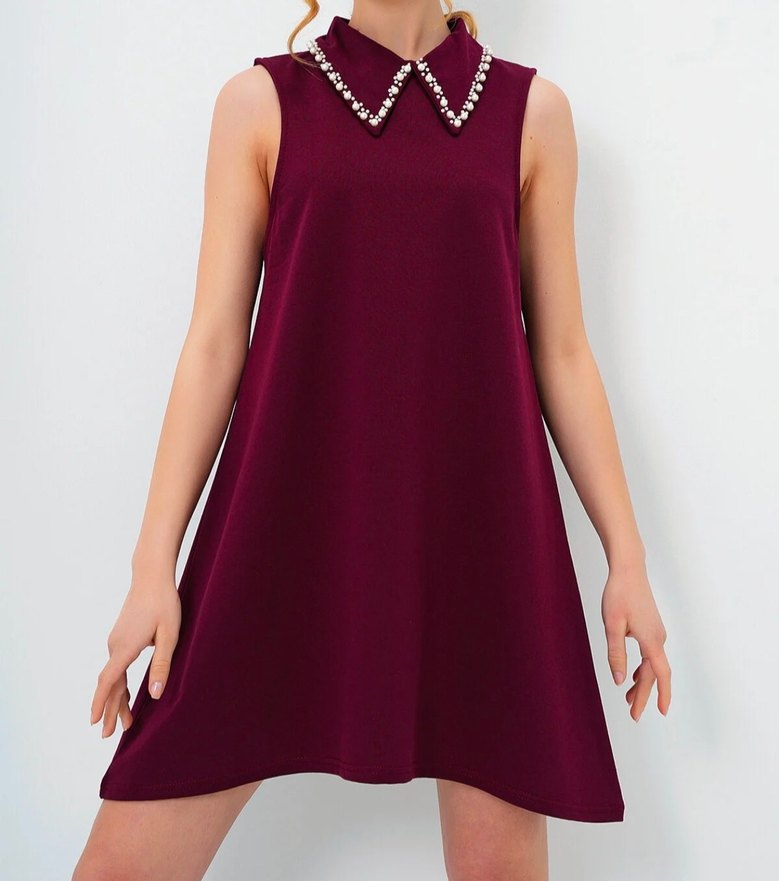 Taş Detaylı Bordo Midi Elbise - Görsel 3