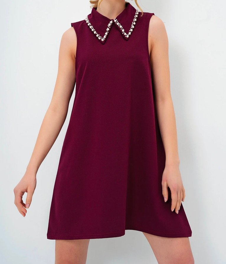 Taş Detaylı Bordo Midi Elbise - Görsel 2