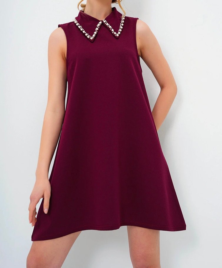 Taş Detaylı Bordo Midi Elbise - Görsel 4