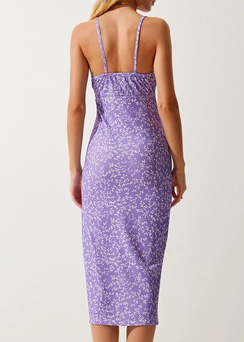 Mor Bağcıklı Uzun Kadın Elbise - Görsel 4