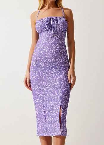 Mor Bağcıklı Uzun Kadın Elbise - Görsel 2