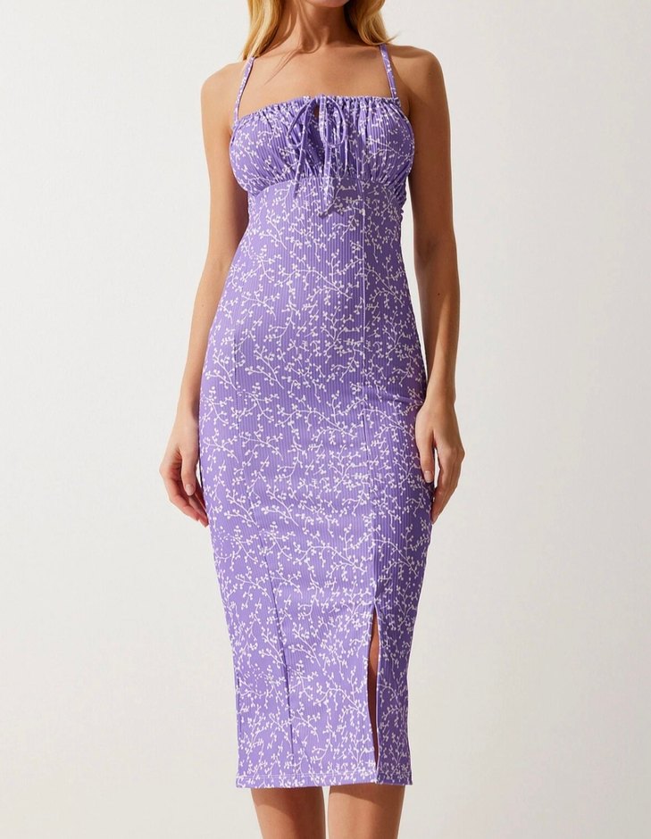 Mor Bağcıklı Uzun Kadın Elbise - Görsel 2