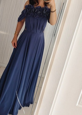 Lacivert Drapeli Uzun Abiye - Görsel 3