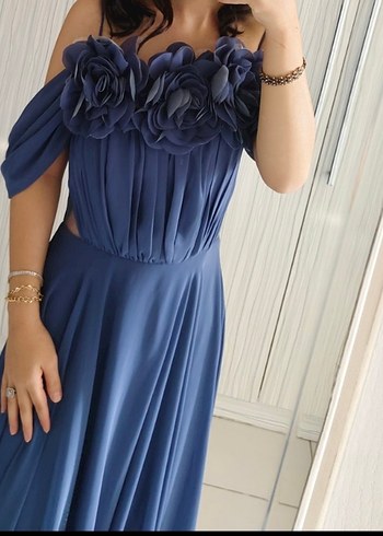 Lacivert Drapeli Uzun Abiye - Görsel 4