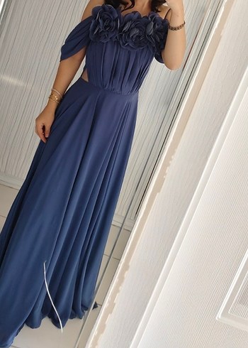 Lacivert Drapeli Uzun Abiye - Görsel 5