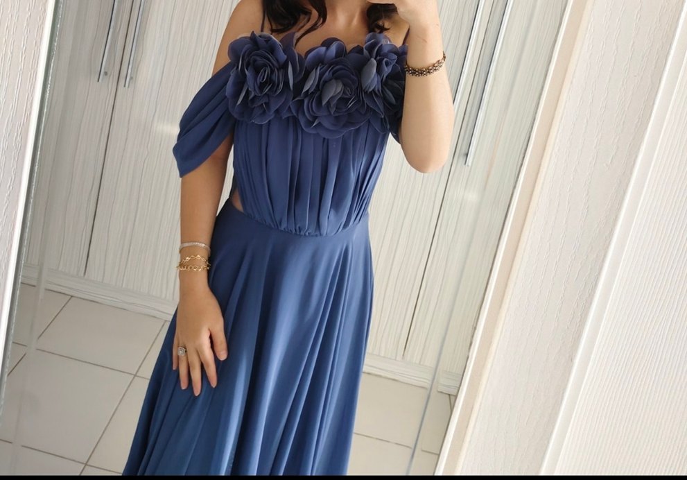 Lacivert Drapeli Uzun Abiye - Görsel 4