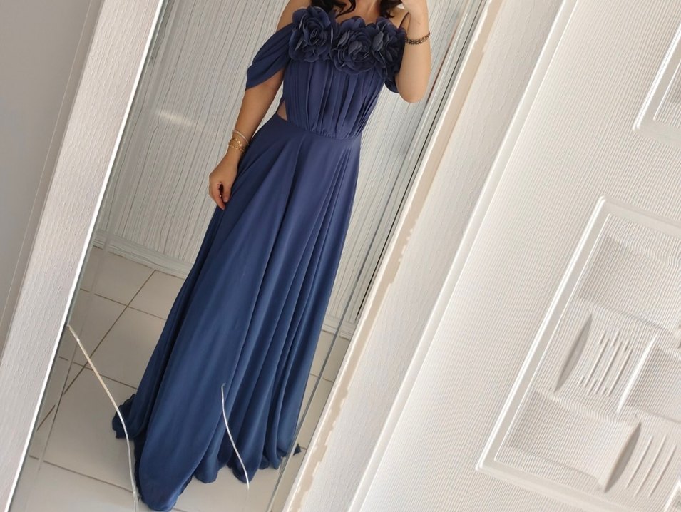 Lacivert Drapeli Uzun Abiye - Görsel 5