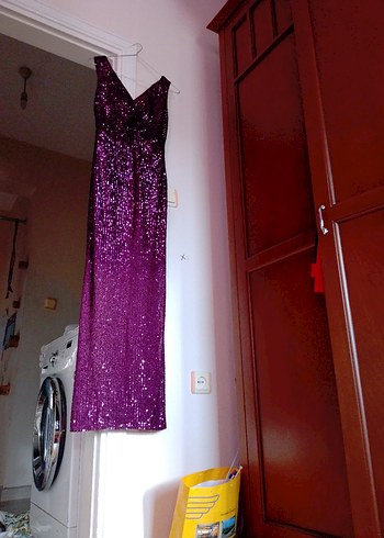 Mor Parlak Drapeli Uzun Abiye Elbise - Görsel 8