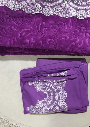 Mor Nakışlı Yatak Örtüsü Seti çift kişilik 6 parça - Görsel 2