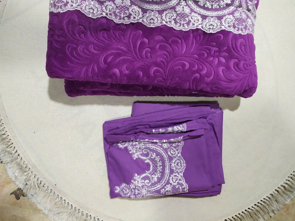 Mor Nakışlı Yatak Örtüsü Seti çift kişilik 6 parça - Görsel 2