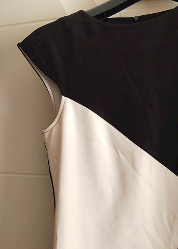 Siyah Beyaz oval Yaka Midi Elbise - Görsel 2