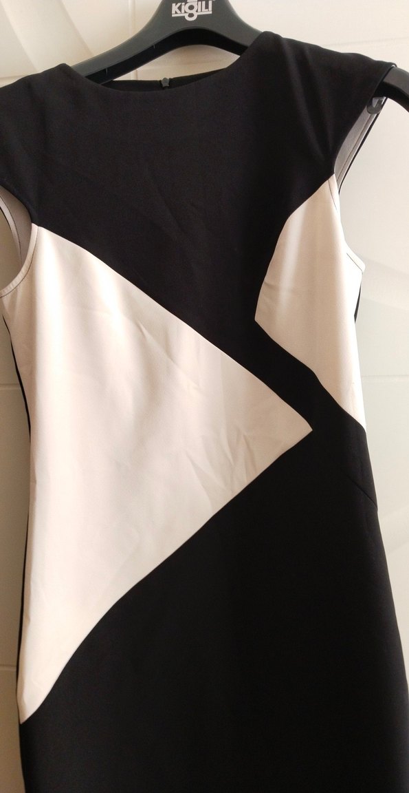 Siyah Beyaz oval Yaka Midi Elbise - Görsel 3