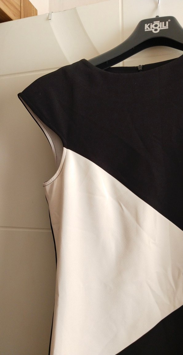 Siyah Beyaz oval Yaka Midi Elbise - Görsel 2