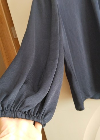 Lacivert Uzun Kollu Yüksek Yakalı Bluz gömlek - Görsel 2