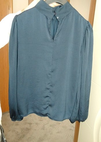 Lacivert Uzun Kollu Yüksek Yakalı Bluz gömlek - Görsel 4