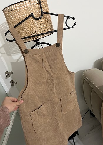 Bej Süet Askılı Midi Salopet - Görsel 2