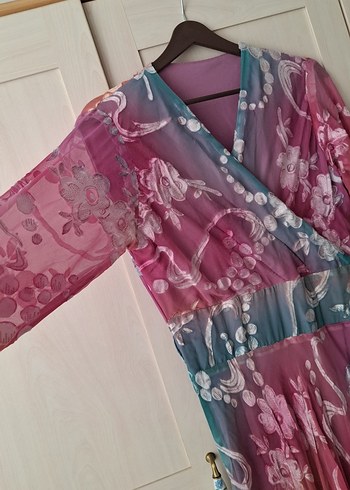 Bohem Çok Renkli Uzun Kollu V Yaka Elbise - Görsel 3