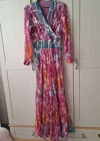 Bohem Çok Renkli Uzun Kollu V Yaka Elbise - Görsel 6