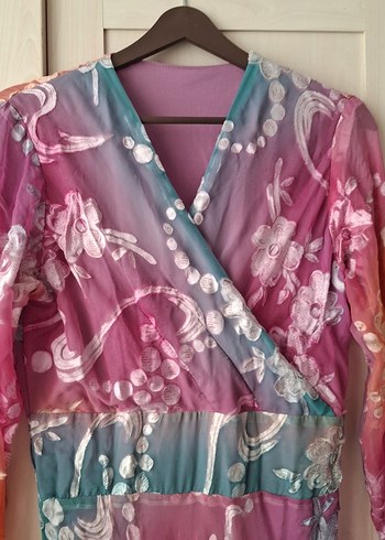 Bohem Çok Renkli Uzun Kollu V Yaka Elbise - Görsel 2