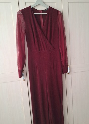 Bordo Uzun Kollu Drapeli Kadın Tulum - Görsel 7