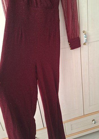 Bordo Uzun Kollu Drapeli Kadın Tulum - Görsel 4