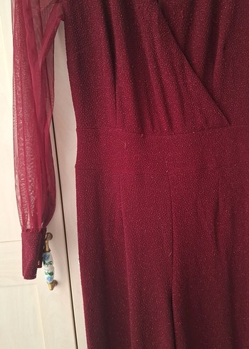 Bordo Uzun Kollu Drapeli Kadın Tulum - Görsel 2