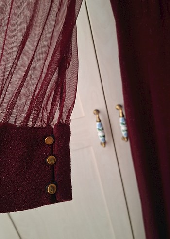 Bordo Uzun Kollu Drapeli Kadın Tulum - Görsel 3