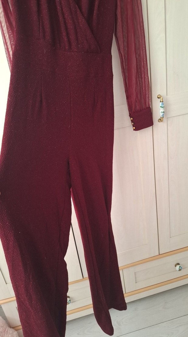 Bordo Uzun Kollu Drapeli Kadın Tulum - Görsel 4