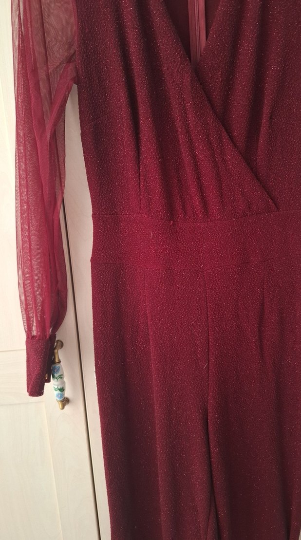 Bordo Uzun Kollu Drapeli Kadın Tulum - Görsel 2