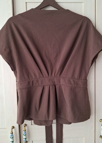 Düğmeli, bol kesim, keten kısa kollu kahverengi ceket - Görsel 3