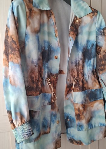 Uzun Bağcıklı Mavi Batik Kadın Ceket - Görsel 2