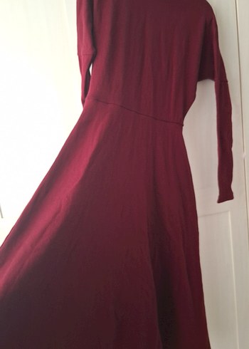 Bordo Yüksek Yakalı Uzun Kollu Triko Elbise - Görsel 2