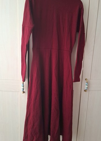 Bordo Yüksek Yakalı Uzun Kollu Triko Elbise - Görsel 4