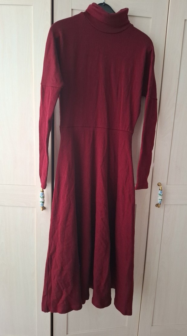 Bordo Yüksek Yakalı Uzun Kollu Triko Elbise - Görsel 4