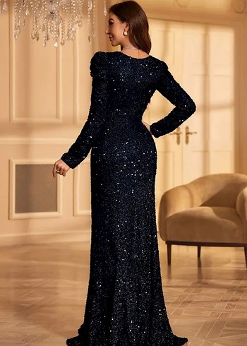 lacivert Payetli Uzun V Yakalı Abiye Elbise hiç giyilmedi yeni - Görsel 2