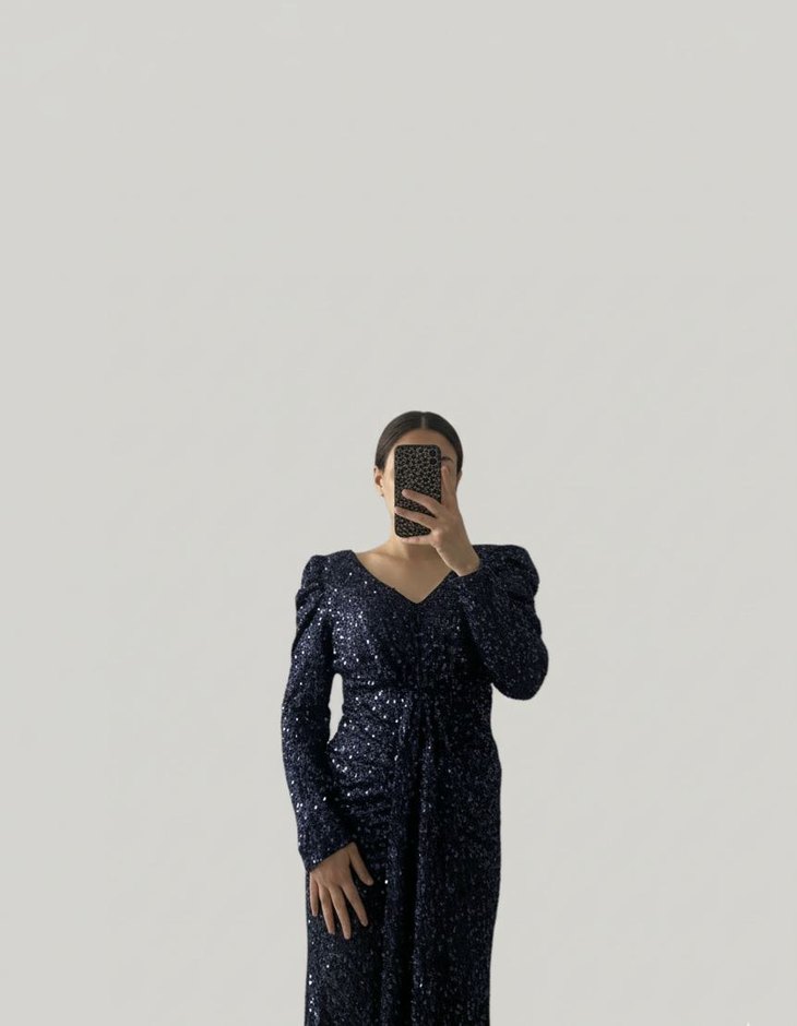 lacivert Payetli Uzun V Yakalı Abiye Elbise hiç giyilmedi yeni - Görsel 3