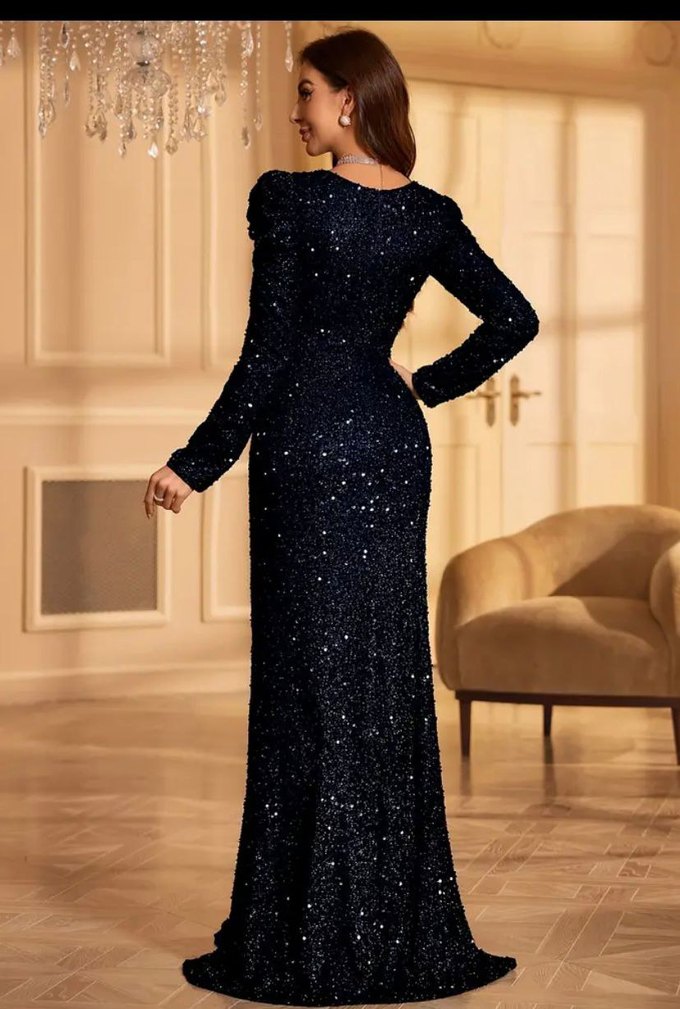 lacivert Payetli Uzun V Yakalı Abiye Elbise hiç giyilmedi yeni - Görsel 2