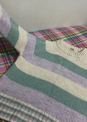 Çizgili Renkli Kadın Triko Kazak - Görsel 3