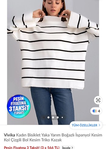 Kadın Çizgili Yarım Boğazlı Bol Kesim Triko Kazak - Görsel 3