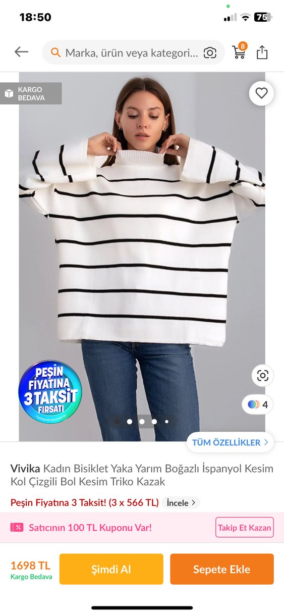 Kadın Çizgili Yarım Boğazlı Bol Kesim Triko Kazak - Görsel 3