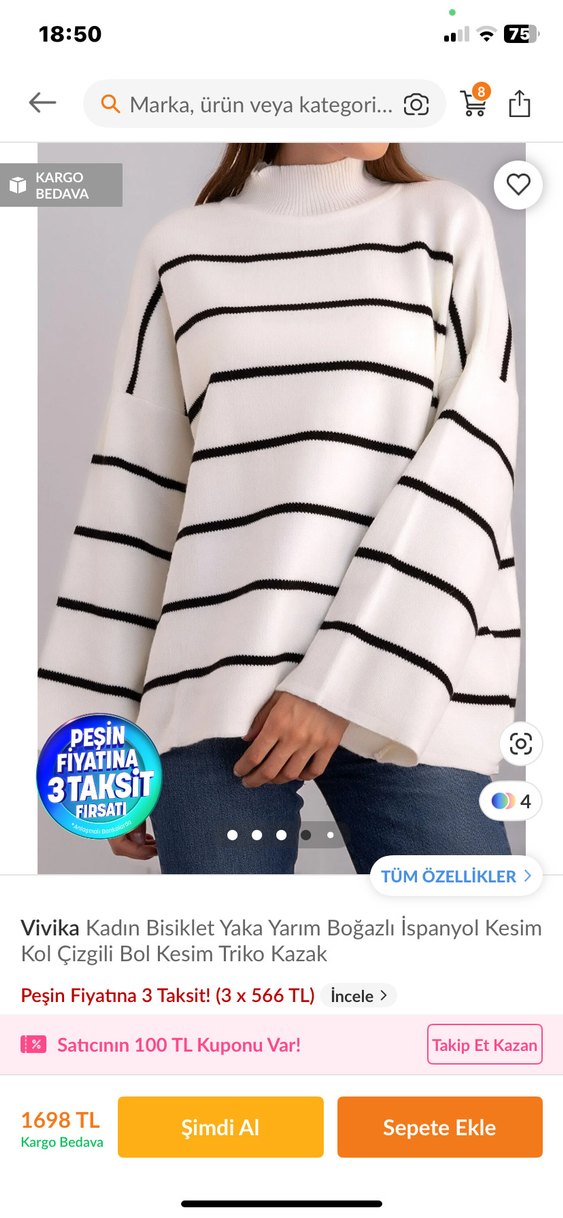 Kadın Çizgili Yarım Boğazlı Bol Kesim Triko Kazak - Görsel 2