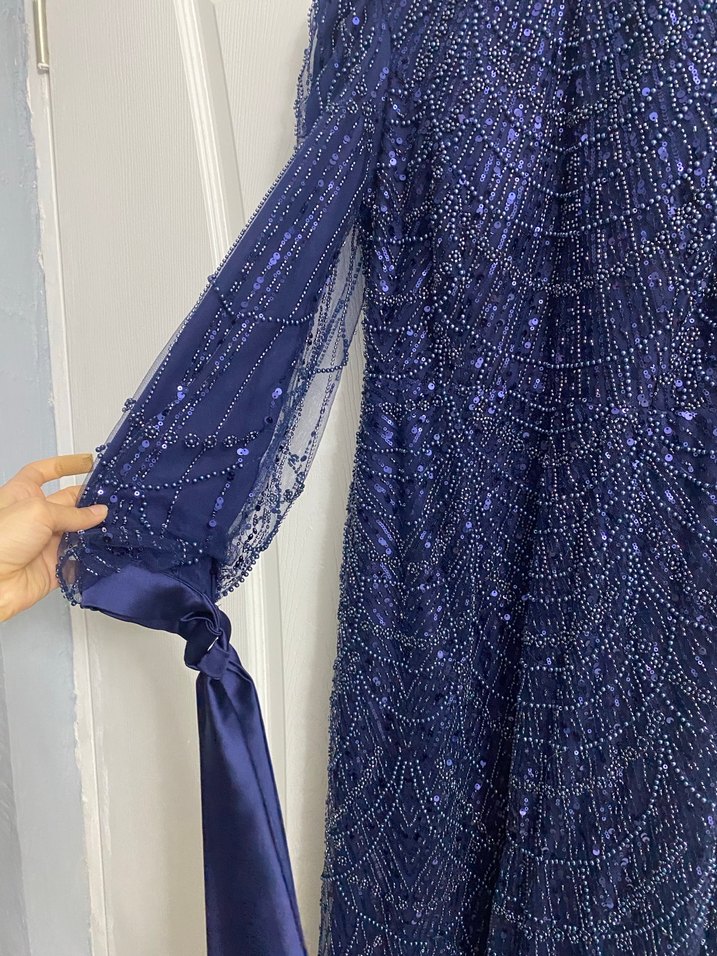 Boncuk İşlemeli Lacivert Uzun Abiye Elbise - Görsel 4