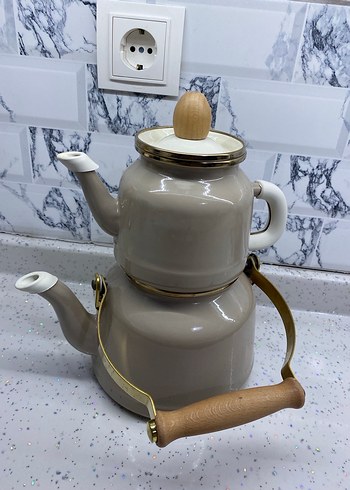 Madam Coco Bej ve gri kulplu çaydanlık seti - Görsel 3