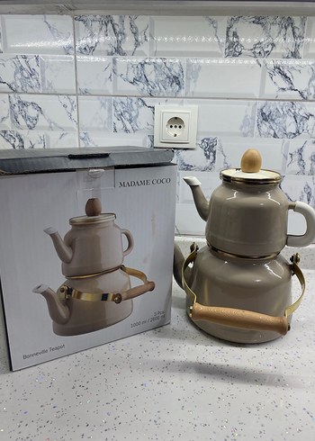 Madam Coco Bej ve gri kulplu çaydanlık seti - Görsel 2