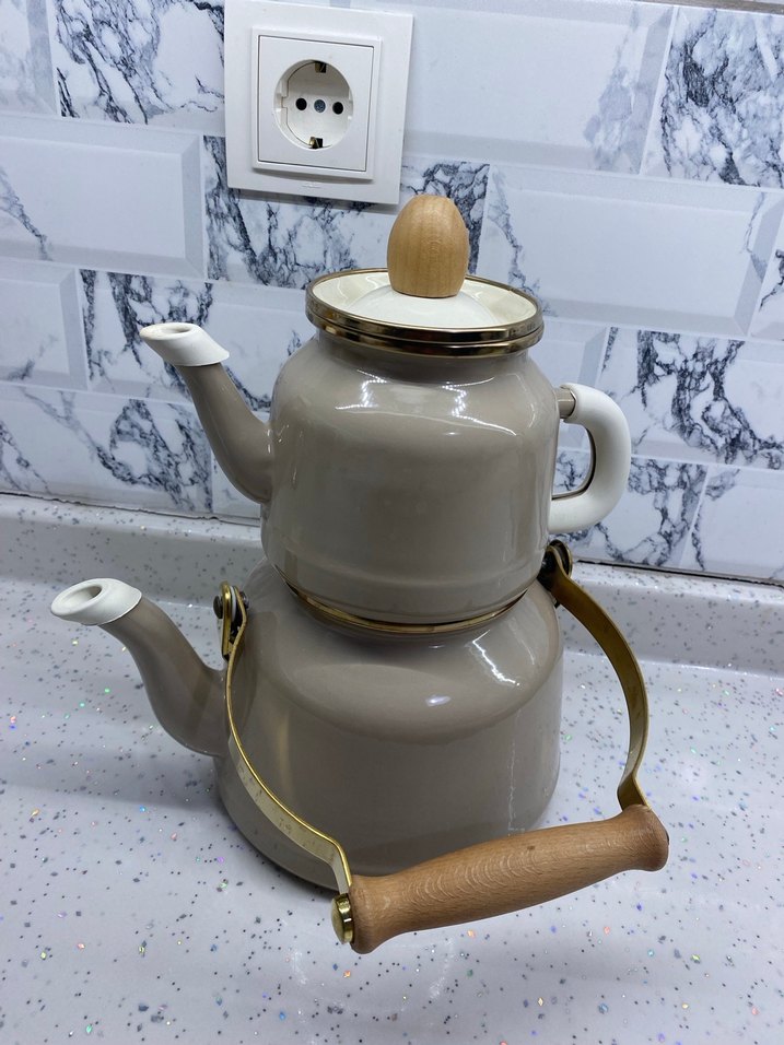 Madam Coco Bej ve gri kulplu çaydanlık seti - Görsel 3