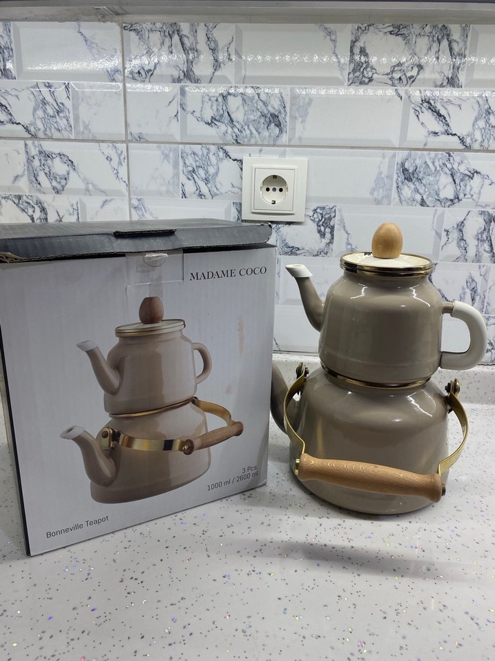 Madam Coco Bej ve gri kulplu çaydanlık seti - Görsel 2