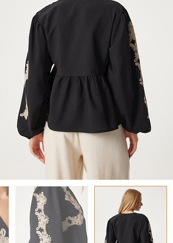 Siyah Nakışlı V Yaka Bohem Bluz - Görsel 2
