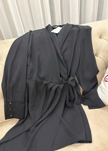 Siyah V Yakalı Drapeli Midi Elbise - Görsel 7