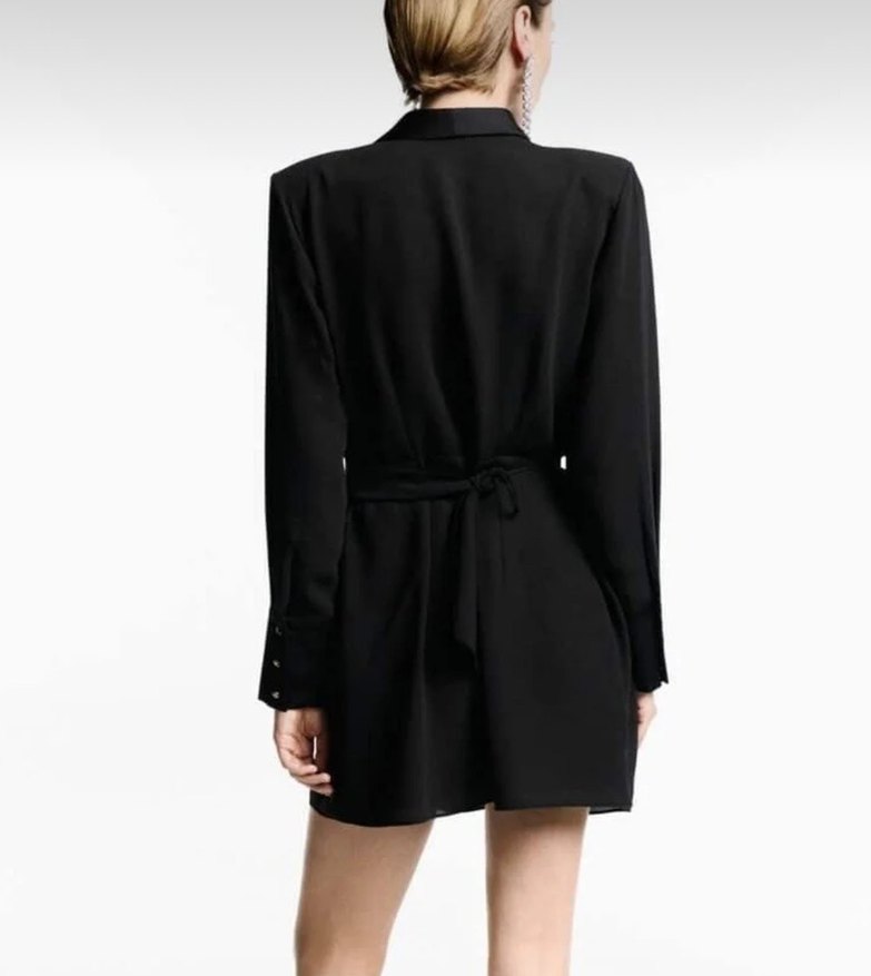 Siyah V Yakalı Drapeli Midi Elbise - Görsel 2